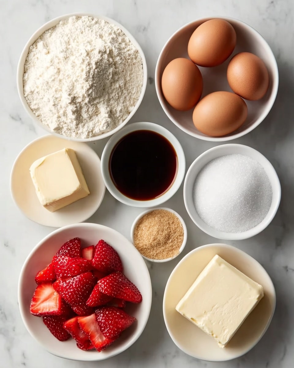 Seven white bowls sit on a white marbled surface, each filled with different baking ingredients. One bowl holds four brown eggs, another is filled with white flour that has a soft powdery texture. A third bowl contains bright red chopped strawberries with a glossy look. There is a bowl with dark brown vanilla extract that has a smooth liquid surface. Two smaller bowls include light brown sugar with a grainy texture and white granulated sugar with a fine texture. Lastly, a bowl contains a solid block of pale yellow butter, smooth and firm. All bowls are arranged loosely close to each other, showing the variety of ingredients for baking photo taken with an iphone --ar 4:5 --v 7