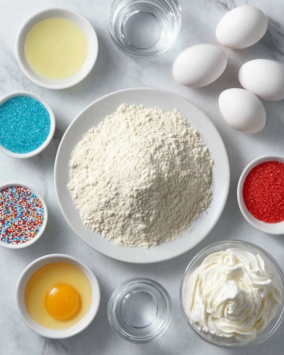 The image shows several ingredients arranged neatly on a white marbled surface. At the center right, a large white plate is piled high with white flour, textured with soft peaks. Above the plate, there are two white eggs placed on the surface. To the left of the plate, a small white bowl holds clear water. Below, there are five small white bowls arranged in a circular pattern: one contains blue granulated sugar, another yellow liquid, one has red sugar, another shows rainbow-colored sprinkles, and the last holds fluffy white whipped cream with soft swirls. photo taken with an iphone --ar 4:5 --v 7
