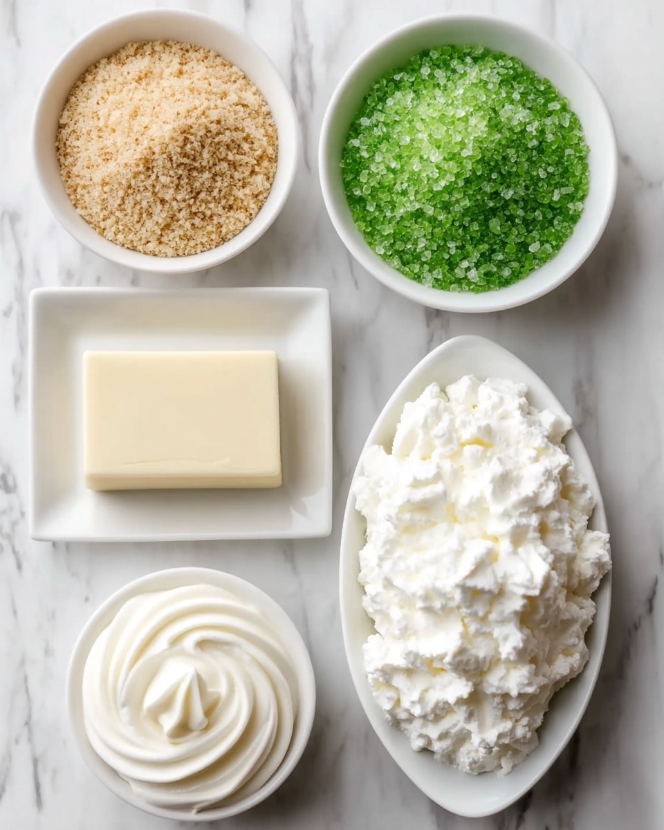 The image shows five white dishes arranged neatly on a white marbled surface. At the top left is a round bowl filled with light golden brown coarse crumbs, and to its right is another round bowl filled with bright green coarse sugar crystals. Below, on the left side, sits a rectangular block of pale cream butter on a small square white plate. On the bottom left corner is a round bowl with soft, swirled white whipped cream, and to its right is a larger oval dish filled with fluffy white whipped topping, showing airy, soft peaks. The overall look is clean and simple with soft textures and fresh colors, photo taken with an iphone --ar 4:5 --v 7