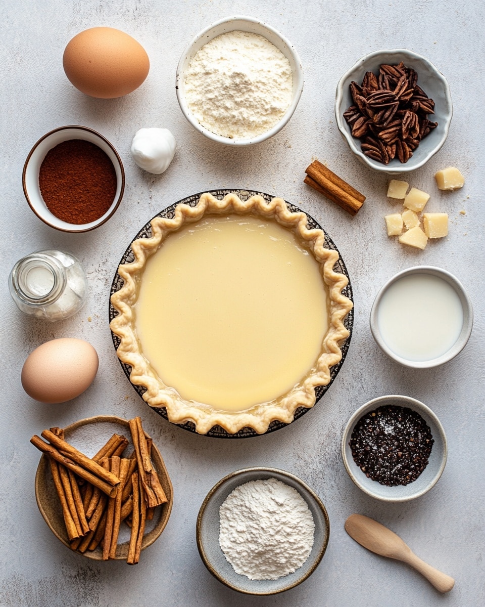 A slice of pie sits on a white plate on a white marble surface. The pie has four layers: a firm brown crust at the base, a thick creamy pale yellow filling with a soft texture above it, a smooth translucent light yellow glaze layer on top, and a swirl of white whipped cream dusted with fine brown powder at the center. More brown powder is scattered lightly on the plate around the pie slice. In the blurry background, part of the whole pie and bokeh lights add a warm atmosphere. photo taken with an iphone --ar 4:5 --v 7