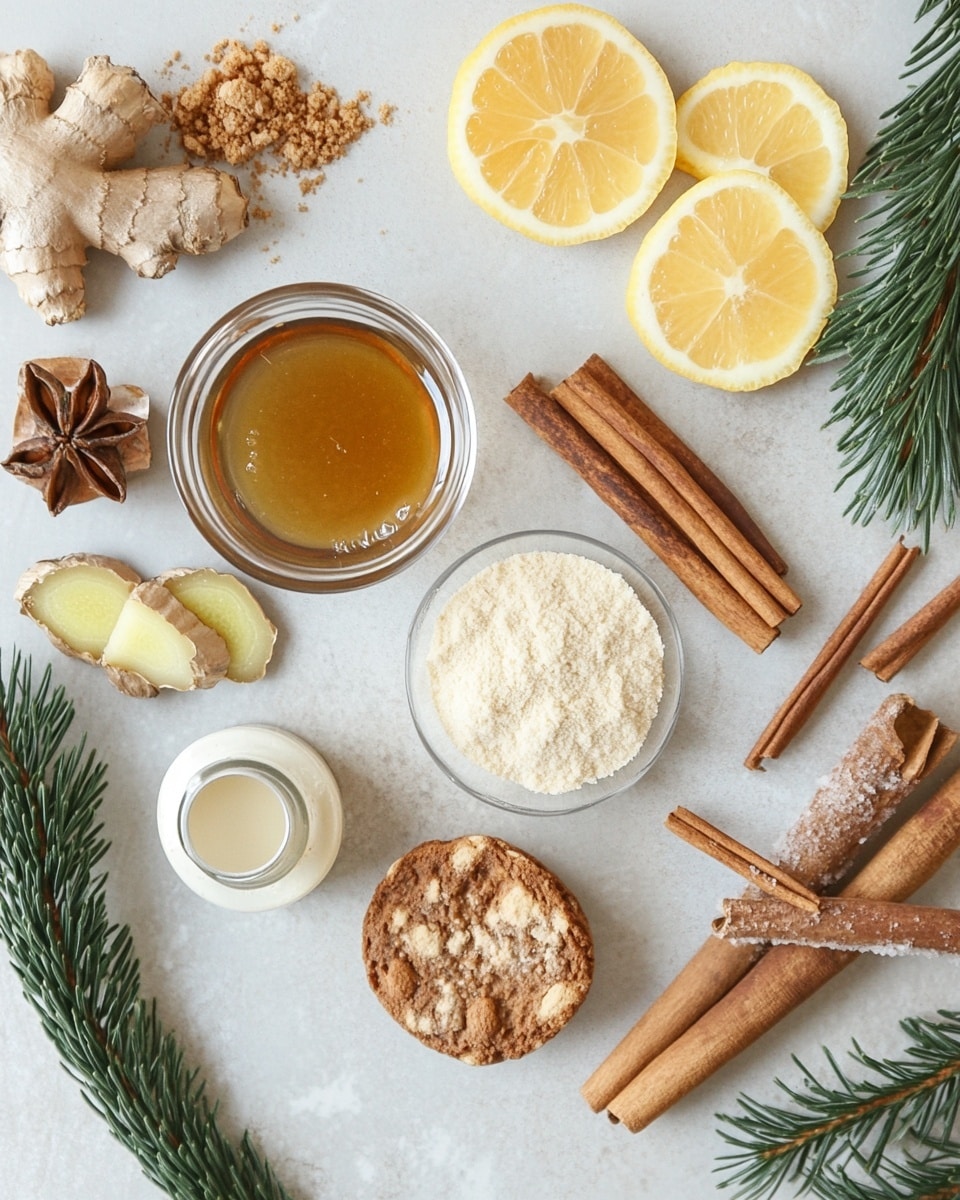 The image shows a round glass filled with a two-layered drink, the bottom layer is light brown and the top layer is creamy white with a frothy texture, dusted with cinnamon powder. The rim of the glass is coated with cinnamon sugar. On the edge of the glass sits a gingerbread man cookie decorated with white icing. Inside the drink, a cinnamon stick and another small spice piece float slightly visible under the froth. The glass is placed on a shiny gold snowflake-shaped coaster on a white marbled surface sprinkled with powdered sugar. Warm white fairy lights and blurred green pine branches decorate the background. A similar glass with the same drink and cookie appears softly blurred beside it. Photo taken with an iphone --ar 4:5 --v 7