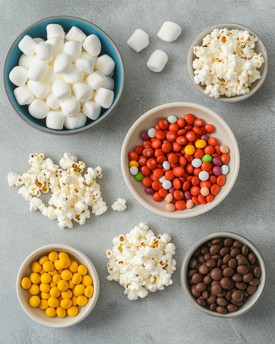 The image shows a large, round cake made from popcorn mixed with colorful candy-coated chocolates. The cake has one thick layer with a creamy, sticky white coating that binds the popcorn and candies together. The popcorn is bright white, and the candy pieces are scattered throughout in red, green, yellow, blue, and brown, adding spots of color. A wedge-shaped slice is being lifted by a utensil showing the inside of the cake, which has the same textures and colors. The cake sits on a simple white plate on a white marbled surface. In the background, there are bowls filled with more popcorn and candy, along with a wooden container labeled 