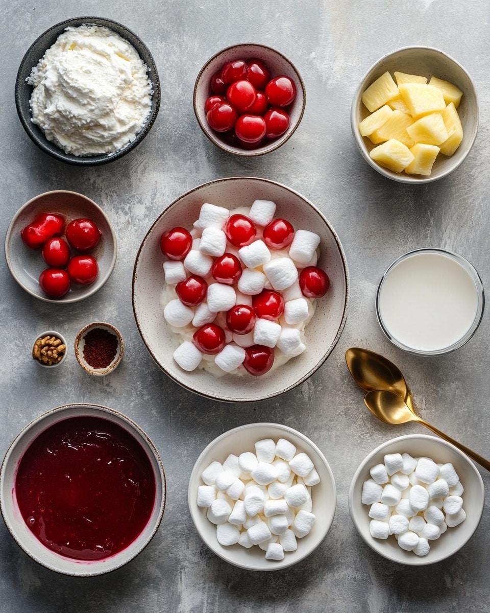 The image shows a white bowl filled with a light pink creamy dessert that looks fluffy with small pieces mixed in, topped with a bright red cherry and a few white mini marshmallows placed around it. Behind this bowl, there is a bigger clear glass bowl filled with the same pink dessert, also studded with marshmallows for texture. In the foreground, another white bowl is filled with shiny red maraschino cherries with stems. The overall scene has a clean look with a white marbled tabletop. photo taken with an iphone --ar 4:5 --v 7