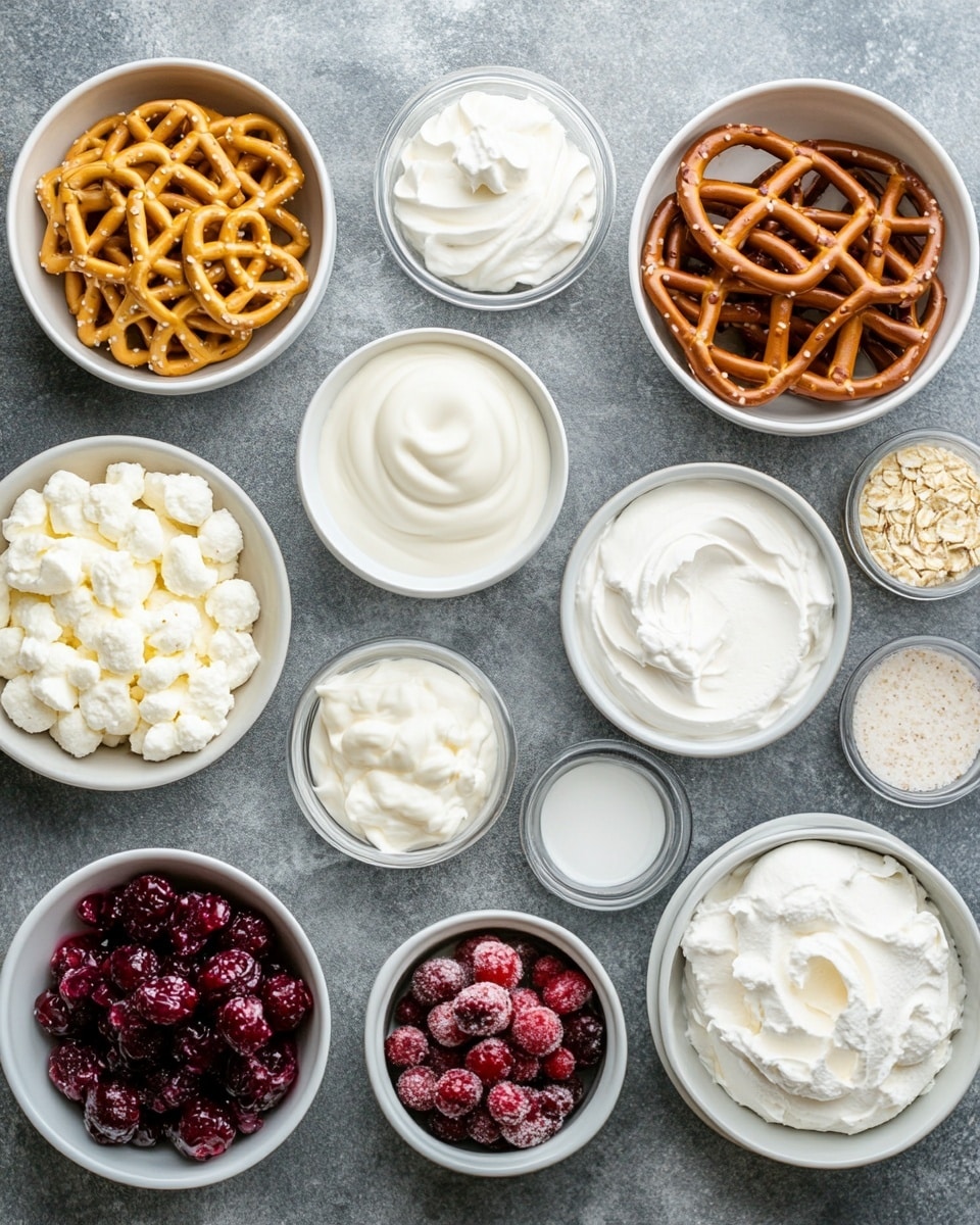 A close-up view of a square-shaped dessert in a clear glass baking dish placed on a white marbled surface, showing three distinct layers: the bottom layer is a crumbly light brown crust with crunchy texture, the middle layer is a thick, smooth white cream, and the top layer is a glossy, bright red gelatin cut neatly into squares. The dessert has one square slice removed, revealing the inside of the three layers clearly. Photo taken with an iphone --ar 4:5 --v 7