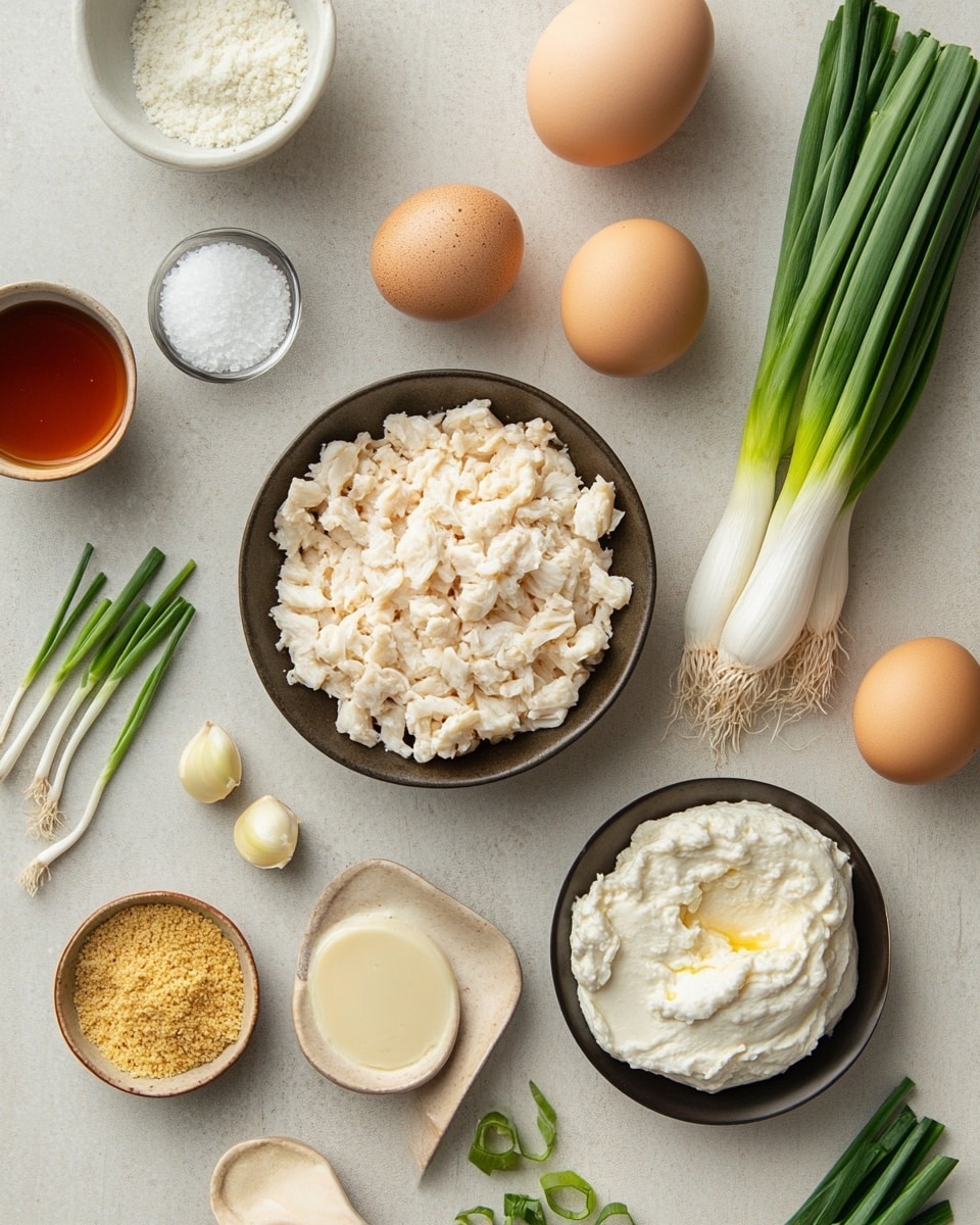 The image shows three golden-brown fried rolls stacked on a white plate, two of them with their ends opened to reveal a creamy white filling mixed with small green pieces inside. The rolls have a crispy texture with slightly bubbly and crunchy surfaces, and the filling looks soft and smooth. Bright green garnish is lightly sprinkled around the plate, adding contrast. The plate is placed on a surface with a white marbled texture, and blurred elements of similar fried rolls and a jar of red sauce are visible in the background. Photo taken with an iphone --ar 4:5 --v 7