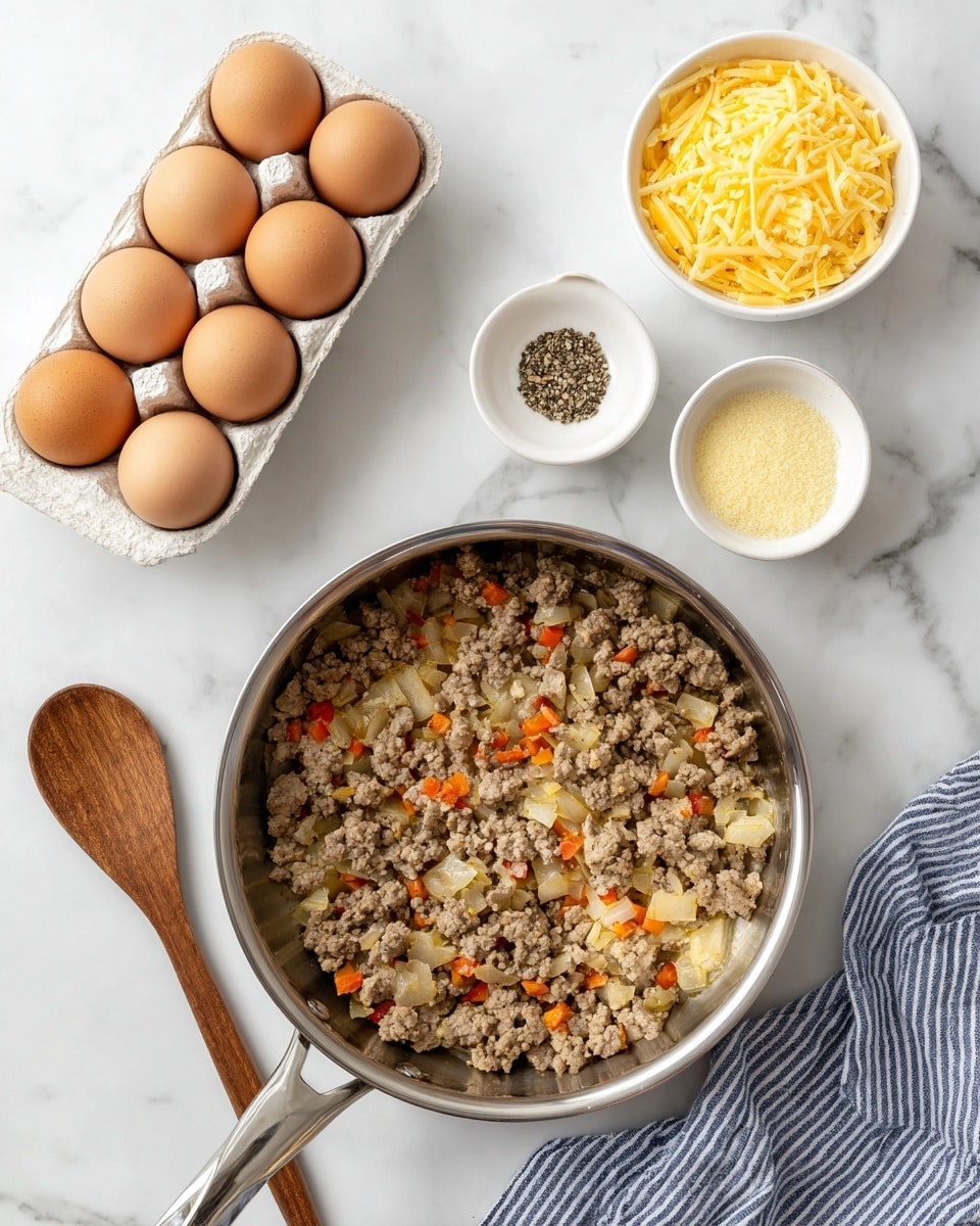 A top-down view of a metal pan with a long handle filled with browned ground meat mixed with translucent cooked onions and small pieces of red bell pepper. To the left, a wooden spoon rests on a white marbled surface. Above the pan, there is a white egg carton holding six brown eggs, and next to it on the right is a white bowl filled with pale yellow shredded cheese. Further right, a small white bowl contains a powdery spice, and a clear pepper shaker is nearby. A white cloth with blue stripes is partially visible on the bottom right. Photo taken with an iphone --ar 4:5 --v 7