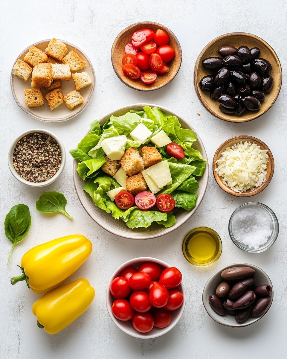 A close-up view of a clear bowl filled with a layered salad on a white marbled surface. The bottom layer consists of shredded light green lettuce with thin purple onion slices scattered over it. On top, there are thick red tomato slices and small light yellow-green pepper pieces. Golden brown croutons sit on the tomatoes and peppers, sprinkled lightly with white shredded cheese. Light creamy salad dressing with herbs is being poured from a clear glass jar onto the salad, creating a smooth stream over the croutons and tomatoes. Photo taken with an iphone --ar 4:5 --v 7