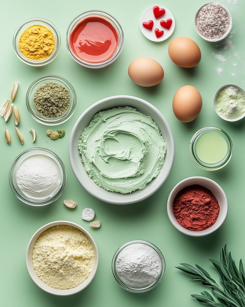 Two slices of green cake with a red heart shape inside each slice are stacked slightly on a white plate. The cake has a white frosting layer around the edges and bright green icing lines decorating the frosting. In the background, more slices sit on a wooden board with a white frosting base and green icing stripes on top. The scene is set on a white marbled surface with hints of holiday green pine branches and a red, green, and white plaid cloth nearby. Photo taken with an iphone --ar 4:5 --v 7