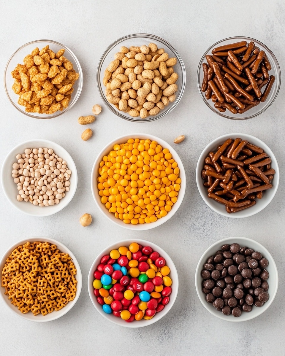 A white bowl filled with a mixture that includes round brown pretzels covered in a shiny white coating, colorful candy-coated chocolates in red, green, yellow, blue, and brown, light brown square cereal pieces, and small round beige cereals. The mix looks crunchy and is piled high inside the bowl. Around the bowl on a white marbled surface, there are scattered pretzels, peanuts, candies, and cereal pieces. In the background, two more white bowls hold similar mixtures, and a clear bowl contains bright multicolored candy-coated chocolates. The photo taken with an iphone --ar 4:5 --v 7