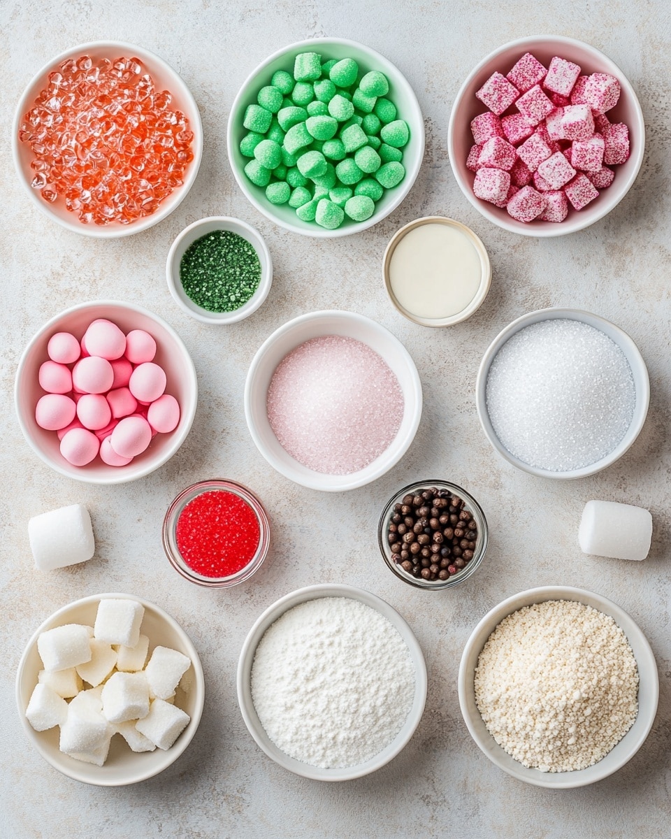 The image shows three small white bowls placed on a white marbled surface. Each bowl is filled with broken pieces of colorful candy bark. The bowl in the front contains pink candy shards that are matte and slightly powdery. Behind it to the left is a bowl filled with white candy shards that look smooth and slightly shiny. To the right behind the pink bowl is a bowl with dark green candy shards, which also have a matte finish with powdered sugar dusting. Scattered around the bowls on the surface are a few pieces of candy shards in green, pink, and white. Some greenery decoration is visible in the background. Photo taken with an iphone --ar 4:5 --v 7