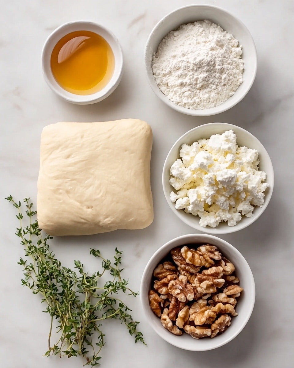 The image shows five ingredients placed on a white marbled surface: a square block of pale dough positioned in the bottom left, next to a small bunch of fresh thyme with green leaves on thin stems in the bottom right. Above the dough is a white bowl filled with white, crumbly cottage cheese, and to its right is another white bowl holding a pile of shelled walnuts with a rough texture in brown shades. Above these two bowls is a third white bowl filled with white flour that has a soft, powdery texture. Near the top left corner of the image, there is a small white bowl containing golden honey with a smooth, shiny surface. photo taken with an iphone --ar 4:5 --v 7