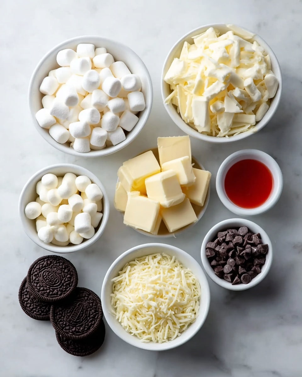The image shows several white bowls and a group of ingredients arranged on a white marbled surface. There are two larger white bowls filled with mini marshmallows and small white candy balls, positioned on the left side. In the middle, chunks of pale yellow butter are stacked in a small pile. To the right, three smaller white bowls contain dark chocolate chips, shredded white cheese, and a small amount of bright red liquid sauce. At the bottom, three dark Oreo cookies are placed together on the surface. The overall layout is neat and clean, with a soft color contrast between white, yellow, dark brown, and red. photo taken with an iphone --ar 4:5 --v 7