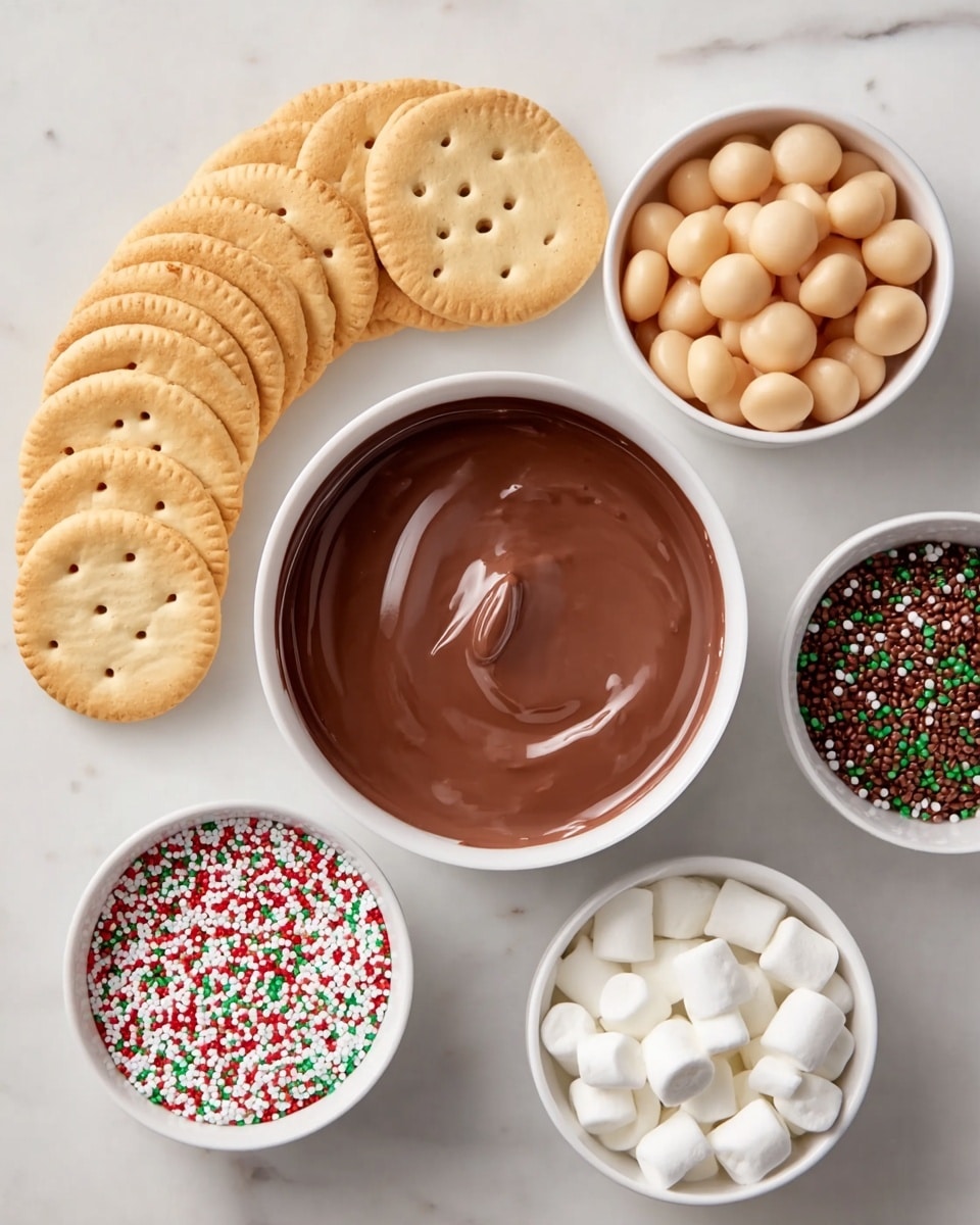 The image shows a white bowl filled with smooth, shiny milk chocolate in the center on a white marbled surface. To the left of the bowl is a stack of round, light golden crackers with small holes on top, arranged in a small pile. Above the chocolate bowl, there is a white bowl with round, light caramel-colored candy pieces. Below the chocolate bowl, a white bowl holds small white marshmallow cubes. To the right of the marshmallows, there is a white bowl filled with red, green, white, and brown small round sprinkles. photo taken with an iphone --ar 4:5 --v 7