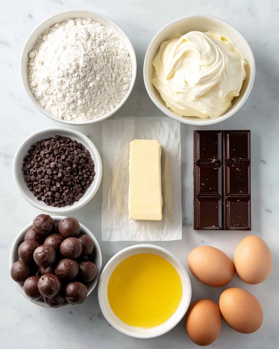 The image shows a white marbled surface with nine different baking ingredients arranged neatly. At the top left is a white bowl filled with white flour, next to it on the right is another white bowl full of soft white cream. Below the flour is a stick of butter on white paper, beside the butter to the right is a rectangular piece of chocolate covered with dark chocolate chips. To the bottom left is a small white bowl with dark cocoa powder, next to it on the right is a white bowl containing melted yellow butter. Further right is a white bowl filled with white sugar. At the bottom left corner, there are ten round chocolate balls grouped together, and on the bottom right, there are three brown eggs placed close to each other. photo taken with an iphone --ar 4:5 --v 7