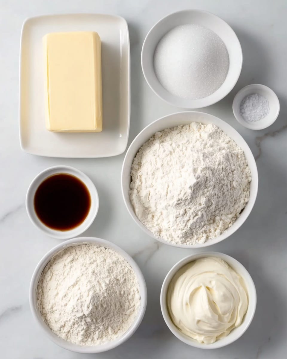 The image shows seven white bowls and plates arranged on a white marbled surface. At the top left, there is a rectangular block of light yellow butter on a white plate. To its right, a small white bowl is filled with granular white sugar. Below the butter plate, a small white bowl contains a dark brown liquid, likely vanilla extract. In the center, a large white bowl is heaped with white flour. To its left below, a smaller white bowl also holds a mound of flour, slightly finer in texture. On the bottom right, a white bowl is filled with a smooth, creamy white mixture, possibly cream cheese or sour cream. There is also a tiny white bowl with a small amount of salt near the vanilla. All ingredients appear fresh and neatly placed. Photo taken with an iphone --ar 4:5 --v 7