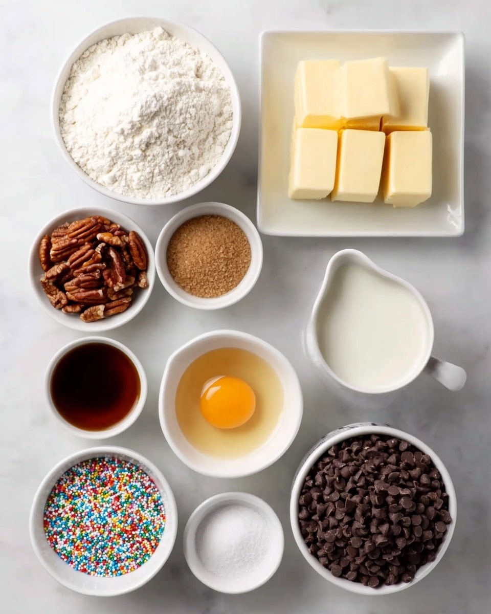 A top view shows nine white bowls and one white square plate neatly arranged on a white marbled surface. The largest round bowl at the top left is filled with white flour, while the white square plate at the top right holds multiple rectangular pieces of pale yellow butter. Below the flour sits a small round bowl of light brown sugar, next to a similar bowl with dark amber vanilla extract. Adjacent to vanilla is a small bowl filled with chopped pecans showing brown and tan textures. In the middle row below the sugar is a small pitcher with milk, followed by a white bowl containing one egg yolk with clear egg white around it. At the bottom right, a large bowl overflows with dark brown chocolate chips. The bottom left has a bowl full of colorful small round sprinkles, and next to it is a tiny bowl holding a white powder, likely salt. The image is clean and bright with a simple setup on the white marbled background photo taken with an iphone --ar 4:5 --v 7