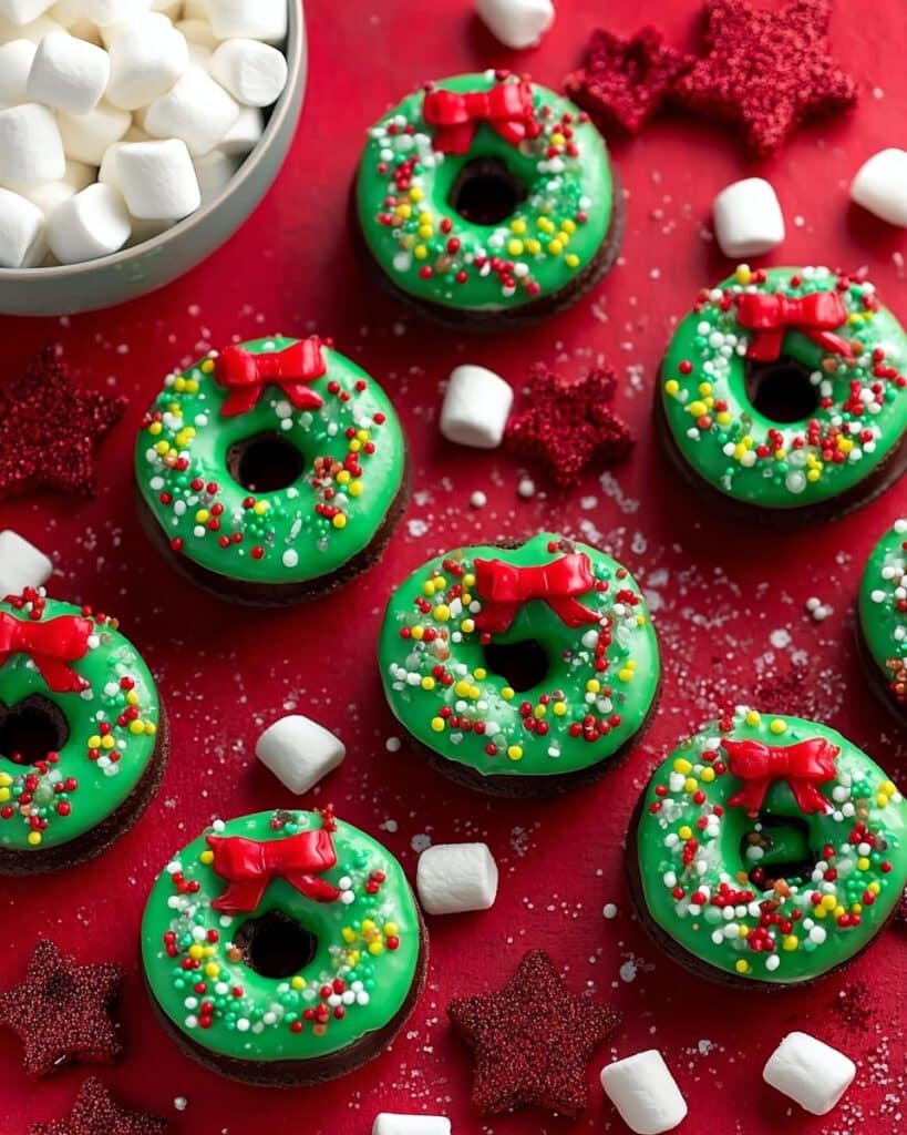 Festive Christmas Wreath Cookies with Marshmallow Pinwheels and Holiday Decorations Recipe