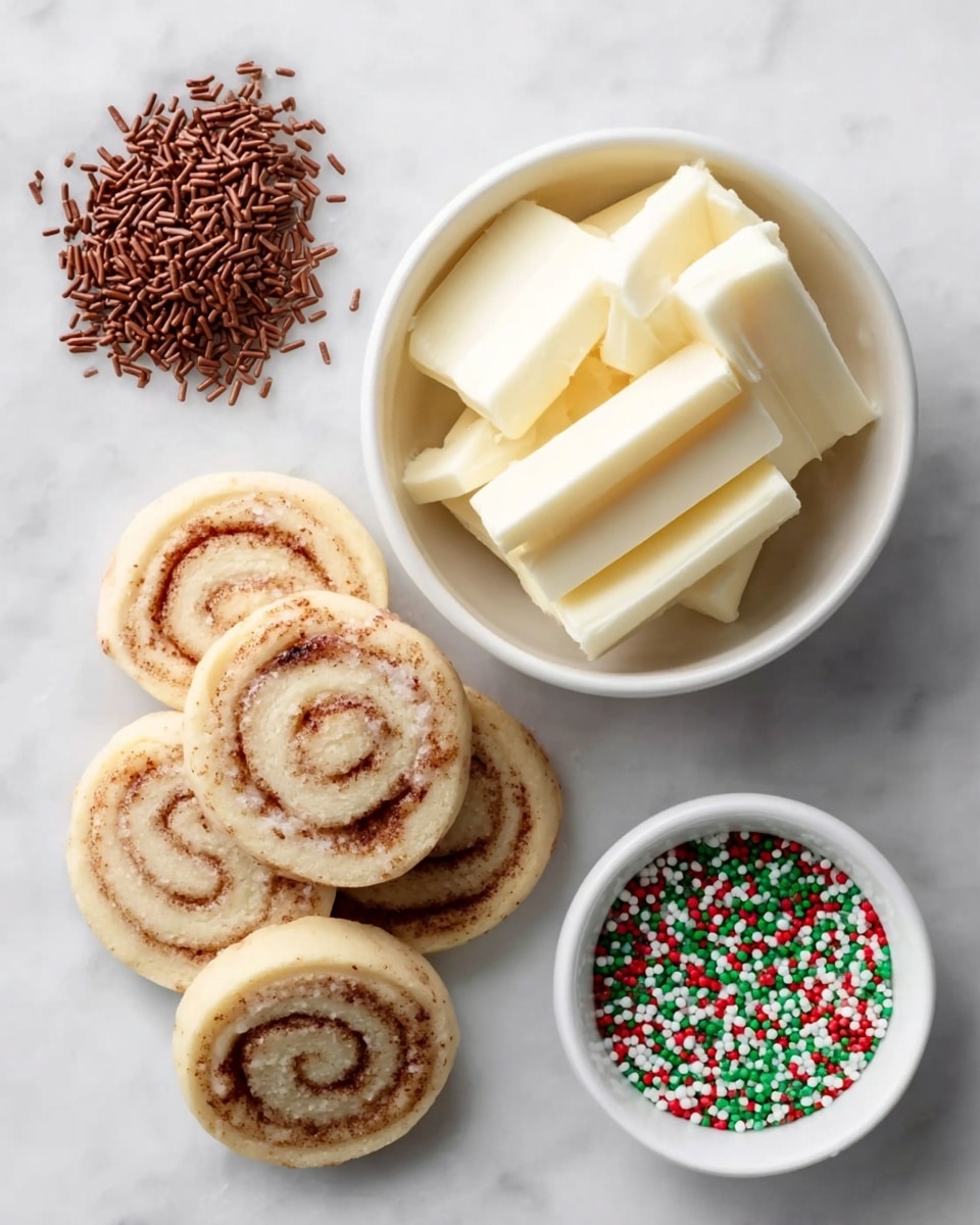 The image shows five round cinnamon roll cookies with light brown swirls arranged in a slight fan shape on a white marbled surface. To the left of the cookies is a small pile of dark brown thin sprinkles. Above the cookies is a white bowl filled with six square, creamy white sticks of butter stacked loosely. Below and to the right of the cookies is a white bowl containing small round sprinkles in red, green, and white colors. The whole scene is set on a clean white marbled background. photo taken with an iphone --ar 4:5 --v 7