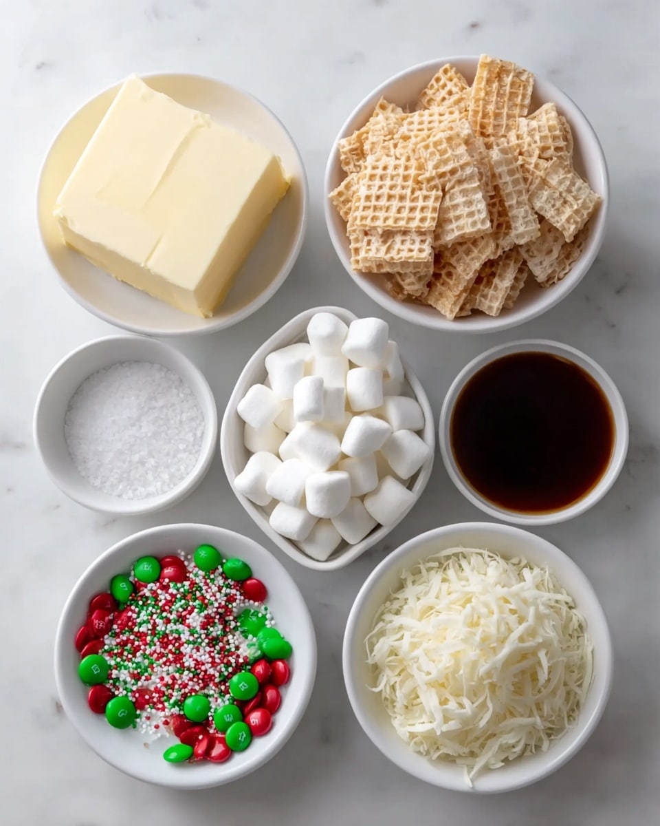 The image shows six white bowls arranged on a white marbled surface. The top left bowl contains a solid, smooth block of butter with a pale yellow color. To its right, there is a bowl filled with light tan, square-shaped cereals with a waffle-like texture. Below the butter, a small white bowl holds coarse white salt grains. Next to it on the right, there is a bowl filled with a dark brown liquid, likely vanilla or syrup. Below the salt, an oval bowl is filled with small, white, soft marshmallows. To the right of the marshmallows, a bowl contains a heap of finely shredded white cheese or coconut flakes. Lastly, a bowl at the bottom left is filled with bright red and green candy-coated chocolates mixed with white and multicolored round sprinkles. The photo taken with an iphone --ar 4:5 --v 7