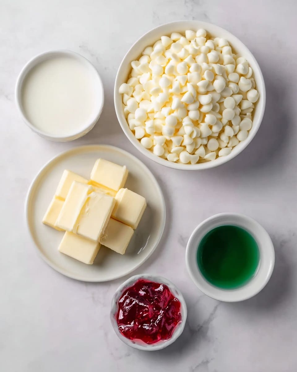 The image shows five small white bowls arranged on a white marbled surface. The largest bowl is filled with many small, round, white chocolate chips arranged in a pile. Below it, a small white plate holds eight square pieces of pale yellow butter stacked in two layers. To the left, a small white bowl is filled with smooth, creamy white milk. Above the butter, a tiny white bowl contains bright red jelly with a thick texture. Lastly, on the right side, a small white bowl is filled with green liquid, possibly mint extract. The bowls and plate are neatly positioned and the colors contrast clearly against the white marbled surface. photo taken with an iphone --ar 4:5 --v 7