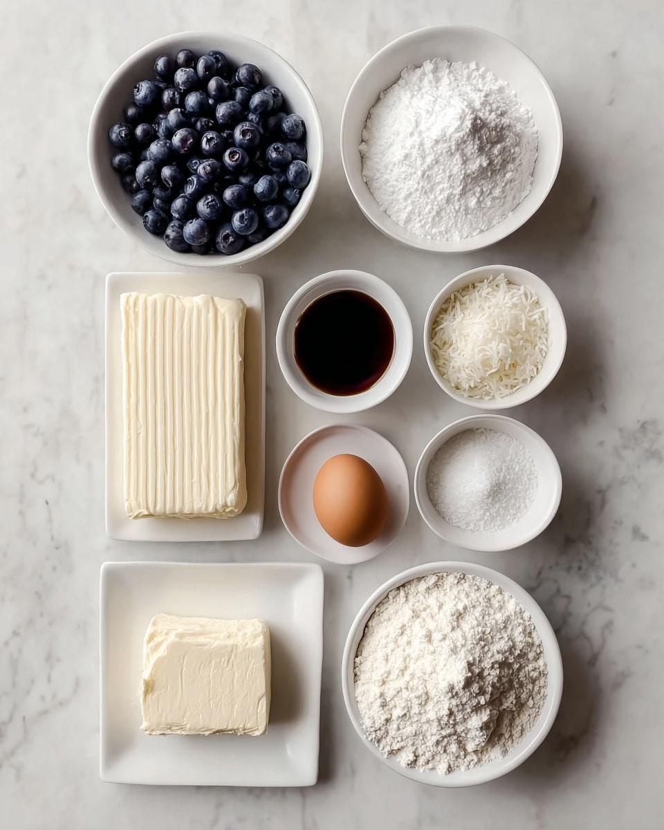 The image shows eight white bowls and a white plate arranged neatly on a white marbled surface, each containing different ingredients. At the top left, there is a bowl full of fresh, dark blue blueberries, next to it on the right is a bowl with fluffy white powdered sugar. Below the blueberries, a rectangular block of cream cheese with smooth, ridged texture is placed directly on the surface. In the center, there is a small bowl filled with dark brown vanilla extract, and to its right, a single brown egg sits on the surface. Below the vanilla, a tiny bowl contains white shredded coconut, while next to it on the right, a bowl holds fine white granulated sugar. At the bottom left, a white plate holds a slightly rounded piece of cream cheese. Finally, at the bottom right, a larger bowl is heaped with fine white flour. All elements are clean and visually distinct, evenly spaced on the white marbled background. photo taken with an iphone --ar 4:5 --v 7