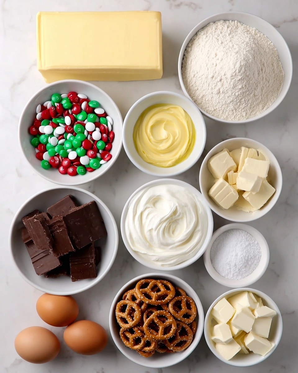 This image shows a top view of twelve white bowls and one block arranged neatly on a white marbled surface, each holding different baking ingredients. Starting from the top left, there is a solid large block of yellow butter; next to it on the right is a large bowl filled with white flour. Below the butter is a smaller bowl of smooth yellow butter or margarine, next to it is a bowl of light brown sugar, and a bowl with thick dark chocolate or fudge. To the left at the middle level is a bowl filled with colorful red, green, and white candy-coated chocolates. Beside it are two brown eggs placed directly on the surface, and on the right is a large bowl filled with white powdered sugar. Below the candy bowl is a bowl with blocks of cream-colored butter, next to it is a bowl of thick white cream or frosting, and further right is a bowl with small round pretzels. Between the cream and pretzels is a very small bowl with white salt. The organized placement and various colors and textures create a visually inviting setup. Photo taken with an iphone --ar 4:5 --v 7