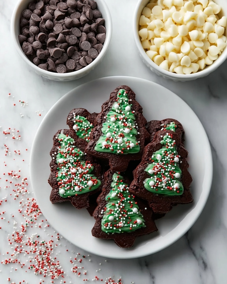 A white bowl is filled with round chocolate balls coated in dark chocolate. Each ball has white chocolate stripes dripping down and is sprinkled with small red, green, and white festive candy bits, including tiny white snowflake shapes. One ball is cut in half showing a dark, rich, dense inside with tiny red and green specks. The bowl is placed on a white marbled surface and out of focus green pine branches are in the background, giving a holiday feel. photo taken with an iphone --ar 4:5 --v 7