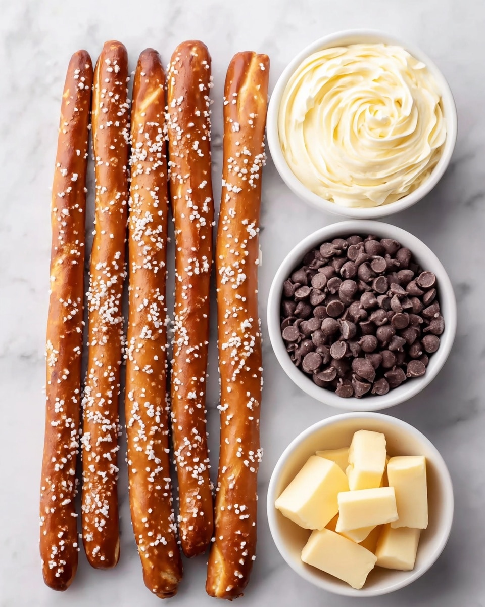 The image shows five long, thin pretzel sticks lying in a row on a white marbled surface. Each pretzel stick is a rich golden brown color with small white coarse salt pieces scattered on top, giving a crunchy look. To the right of the pretzels, there are three white bowls stacked vertically. The top bowl is filled with lots of dark brown chocolate chips with a smooth, slightly shiny texture. The middle bowl contains a swirl of light yellow whipped butter, soft and creamy in texture. The bottom bowl holds several small pale yellow cheese cubes, solid and firm. The whole scene is bright and clean, clearly showing each item’s details. Photo taken with an iphone --ar 4:5 --v 7