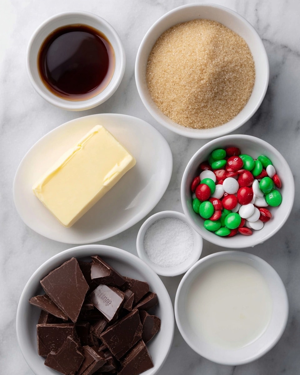 The image shows six white bowls and plates arranged on a white marbled surface, each holding different ingredients. From top left, a small white bowl is filled with dark brown liquid, likely vanilla extract. To the right, a larger white bowl holds light brown, coarse sugar grains. Below the vanilla, a small white plate has a block of pale yellow butter with a smooth texture. In the center, a tiny white bowl contains small white salt crystals. Next, a medium white bowl is filled with colorful red, green, and white candy-coated chocolates. At the bottom left, a white bowl shows dark chocolate pieces broken unevenly into chunks. Finally, at the bottom right, a small white bowl contains a clear white liquid, possibly milk. The image is softly lit, with each element clearly visible and distinct photo taken with an iphone --ar 4:5 --v 7
