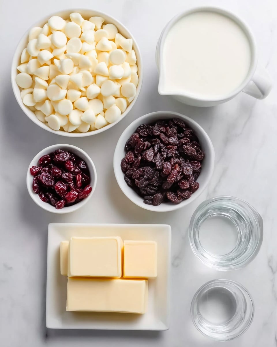 The image shows six white dishes arranged on a white marbled surface. The largest bowl is filled with many white chocolate chips, looking smooth and round with pointed tops. To the right and slightly below it, a medium bowl holds dark, shiny raisins. Above that bowl is a small clear glass of water, clear and reflecting light. To the left of the chocolate chips bowl, a small bowl contains dried cranberries, dark red and wrinkled. Below the cranberries, a white square plate holds four blocks of pale yellow butter, smooth and rectangular with sharp edges. Above the cranberries is a large white cup filled with creamy white milk. The clean, bright setup highlights the different textures and colors of the ingredients. photo taken with an iphone --ar 4:5 --v 7