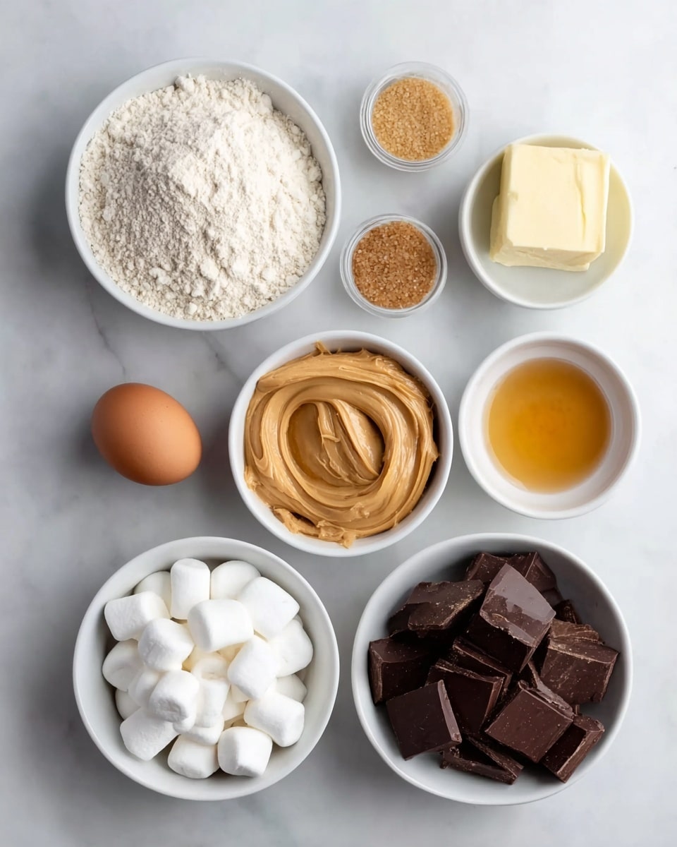 The image shows nine white bowls and one egg arranged neatly on a white marbled surface. The largest bowl at the bottom holds a heap of white flour with a slightly rough texture. Above and to the left, a small bowl contains light brown sugar granules. Next to it, a small bowl with soft yellow butter in a rectangular shape. In the center is a bowl filled with creamy light brown peanut butter, smooth with swirls. To the right of the peanut butter is a tiny bowl with golden liquid vanilla extract. A brown egg is right next to the vanilla. Below the egg is a small white bowl full of small white mini marshmallows that look soft and pillowy. The last bowl at the bottom right holds dark brown chocolate chunks that have a matte finish and irregular shapes. All items are set on a clean white marbled background. Photo taken with an iphone --ar 4:5 --v 7