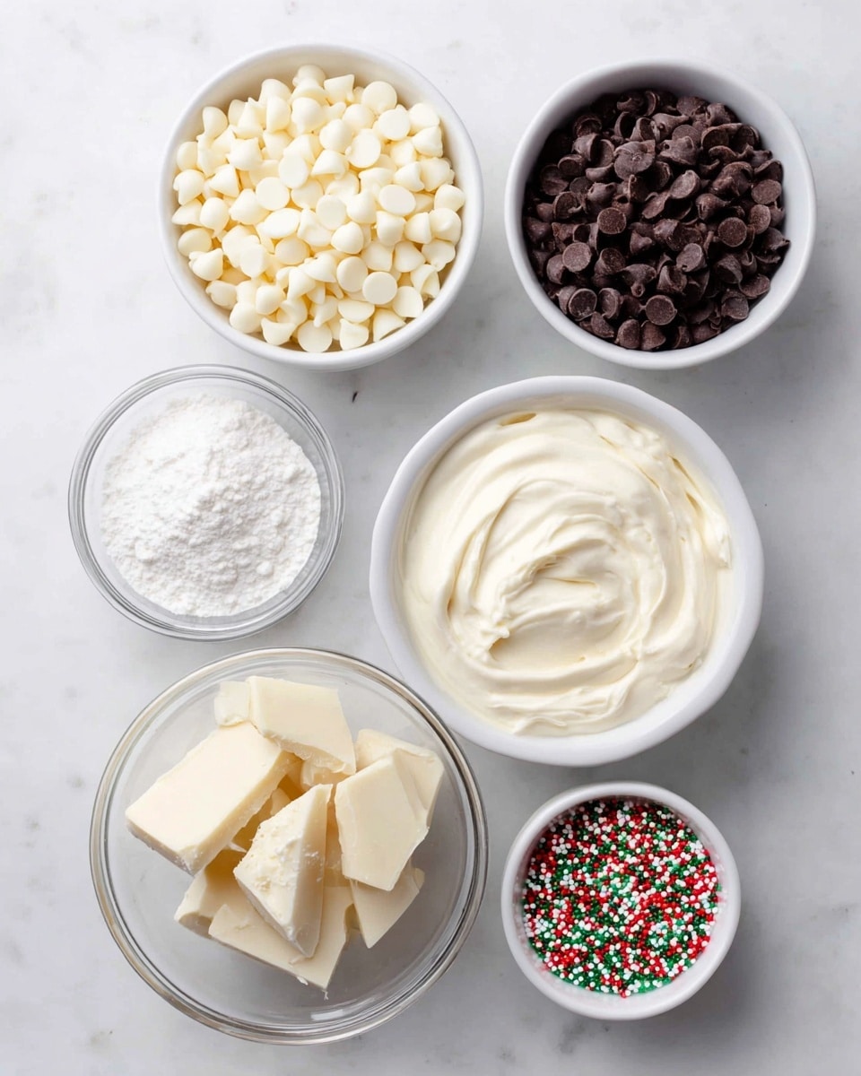 The image shows six small white bowls arranged on a white marbled surface. The top left bowl is filled with white chocolate chips, looking smooth and round. To its right, there is a bowl of dark chocolate chips, which are small and dark brown with a glossy texture. Below the dark chocolate chips is a bowl filled with creamy, smooth white frosting. To the left of that bowl is a clear glass bowl with fine white powder, likely powdered sugar. Below the powdered sugar is a white bowl containing chunks of solid white chocolate, with a rough, uneven texture. Finally, a small white bowl at the bottom right holds red, green, and white round sprinkles, adding a colorful touch. photo taken with an iphone --ar 4:5 --v 7