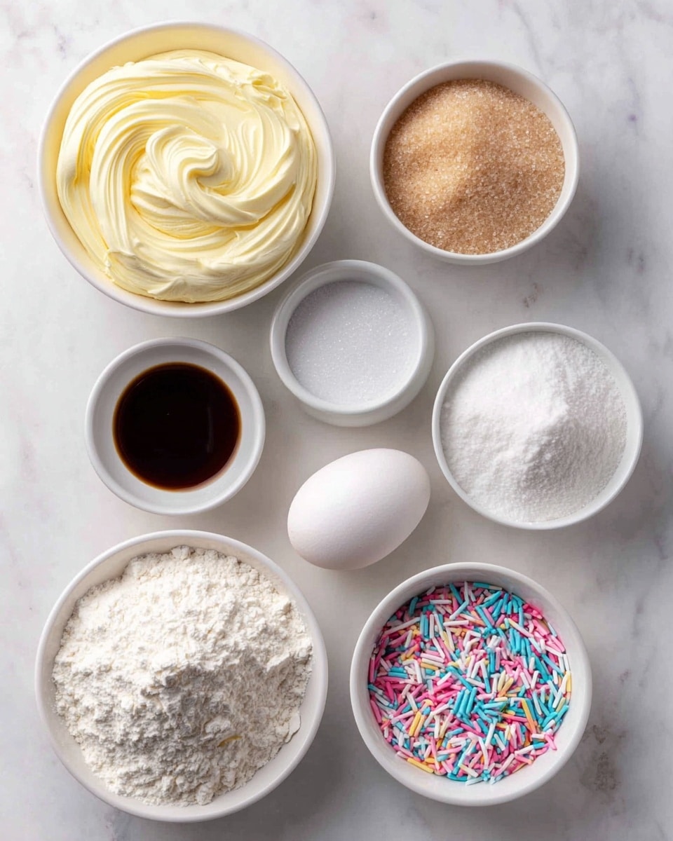 The image shows seven small white bowls and one whole white egg arranged on a white marbled surface. The largest bowl at the top left holds a thick layer of smooth, creamy pale yellow butter with soft swirls. To its right, there are two bowls, one filled with light brown sugar crystals and below it, a bowl with fine white granulated sugar, both showing their granular texture clearly. Below these, a small bowl contains a dark brown liquid, possibly vanilla extract, with a glossy surface. Next to it is a bowl of white powder, likely baking powder or baking soda, resembling fine powder. Below and to the left, a larger bowl holds a mound of white flour with a soft, powdery texture. The last bowl at the bottom right is filled with colorful, thin cylindrical sprinkles in pink, blue, yellow, and white, creating a lively, textured pattern. The single white egg sits near the middle right, smooth and solid. The scene is brightly lit and clean with a tidy arrangement. Photo taken with an iphone --ar 4:5 --v 7