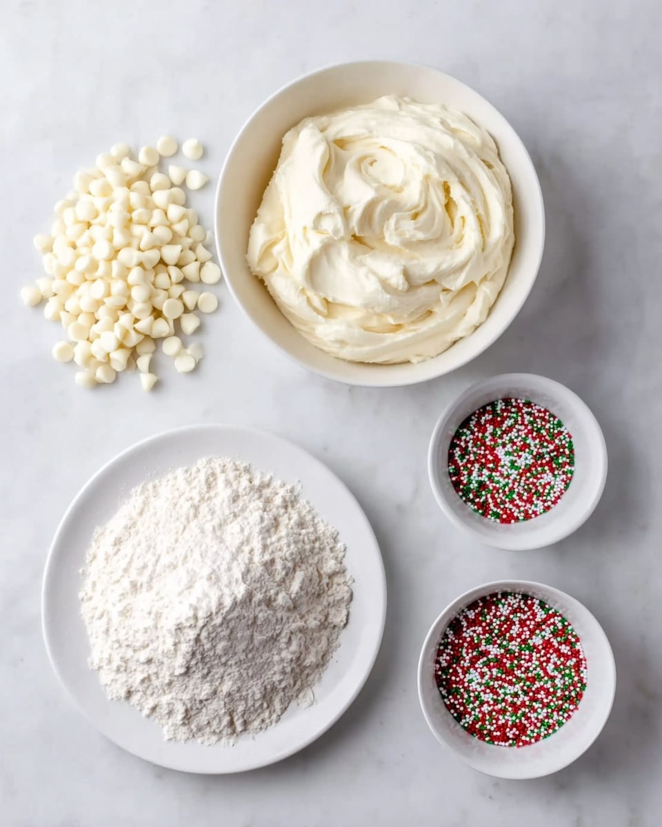 The image shows four groups of ingredients on a white marbled surface: at the top center, there is a bowl filled with smooth, creamy white frosting; to the left of it, there is a pile of small, white chocolate chips; below that, there is a white plate holding a heap of fine white flour; and to the right of the flour, there is a small white bowl filled with round sprinkles in red, green, and white colors. photo taken with an iphone --ar 4:5 --v 7