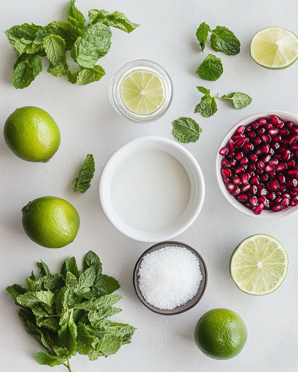 The image shows three clear glasses filled with a light yellow drink and ice cubes, each glass has green mint leaves inside and a few red berries scattered through the drink. The glasses have a thin gold rim at the top. On the top layer, each glass is decorated with three bright red berries and a small bunch of fresh green mint leaves. The glasses are placed on a round golden tray that has some additional red berries around the base of the glasses. The background and surface are white marbled texture with soft, warm fairy lights creating a cozy holiday feel. Photo taken with an iphone --ar 4:5 --v 7