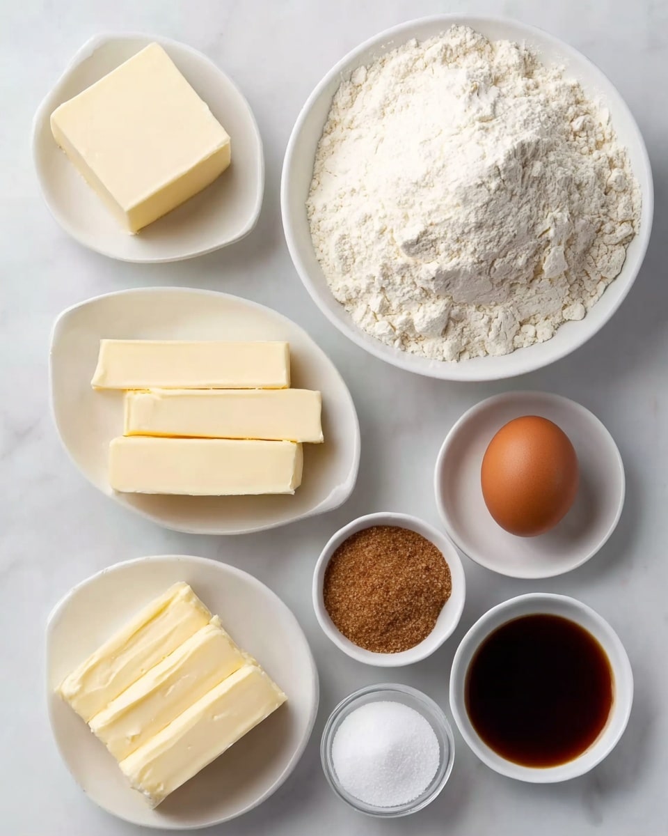The image shows seven white dishes arranged neatly on a white marbled surface. The largest dish holds a big pile of white flour with a powdery texture. To the top right, a smaller dish contains a single brown egg, smooth and oval. Below the egg, another dish has a square piece of pale yellow butter, with soft edges. On the bottom left, a slightly bigger dish holds three rectangular slices of creamy yellow butter. Next to it, a small dish is filled with brown sugar, granular and loose. Above the sugar, a small dish of white granulated sugar shines with a slightly rough texture. At the bottom right, two small dishes contain dark brown liquid, likely vanilla extract, and fine white powdered sugar, fluffy and light. The setup is clean and organized, and the photo taken with an iphone --ar 4:5 --v 7