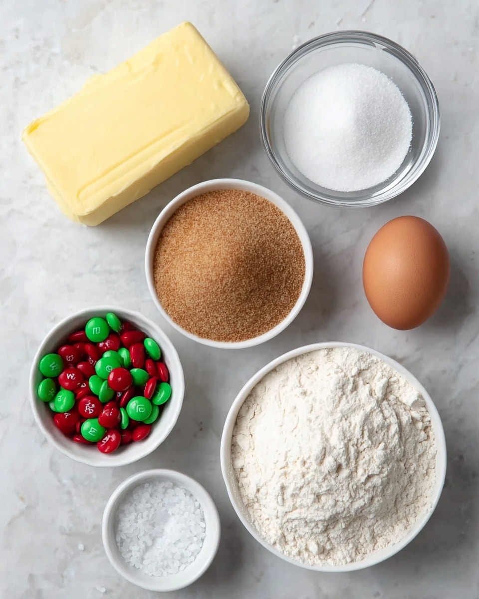 The image shows seven white bowls and one block arranged on a white marbled surface. At the top left is a smooth yellow butter block. Next to it on the right is a clear glass bowl filled with fine white sugar. Below the butter block is a single brown egg. Below the sugar bowl is a white bowl filled with light brown granulated sugar. At the bottom right, a larger white bowl holds fine white flour with a slightly uneven surface. Next to it on the left is a small white bowl with coarse grains of salt and to the left of that, a medium white bowl filled with small red and green candy-coated chocolates. Above the candy bowl is another white bowl filled with fine white granulated sugar. photo taken with an iphone --ar 4:5 --v 7
