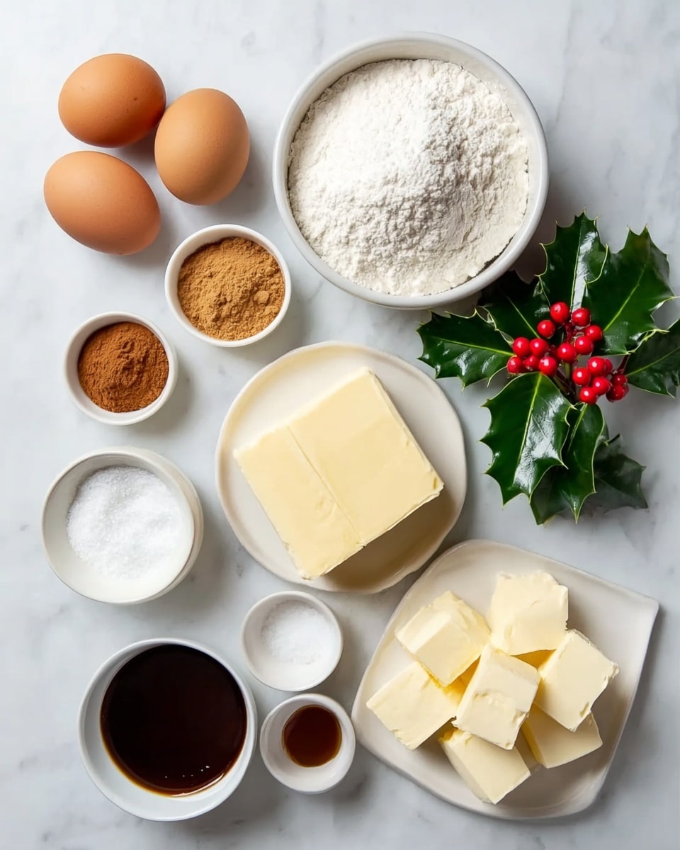 The image shows several baking ingredients on a white marbled surface arranged neatly. There are two brown eggs placed next to a small white bowl filled with white sugar. A white bowl filled with white flour is placed near the eggs, and to its left, a small white bowl with brown cinnamon powder and another small white bowl containing ginger powder sit close together. In the bottom right, a white bowl holds several square blocks of cream cheese. Above that, a rectangular white plate has a large block of pale yellow butter. Near the bottom left, a small white bowl contains white salt, and next to it is a small white bowl with thick dark brown syrup or molasses. A sprig of green holly with bright red berries is placed next to the salt bowl, adding a festive touch. photo taken with an iphone --ar 4:5 --v 7