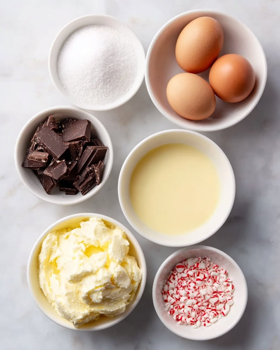 The image shows six white bowls and three brown eggs arranged on a white marbled surface. One bowl has white granulated sugar, another contains irregular pieces of dark chocolate, and a third is filled with a pale yellow creamy mixture. There is also a bowl with a soft, whipped yellow substance resembling butter or cream, and another with small red and white peppermint candy pieces. The three brown eggs are placed together near the top center of the arrangement, creating a neat and simple layout. photo taken with an iphone --ar 4:5 --v 7