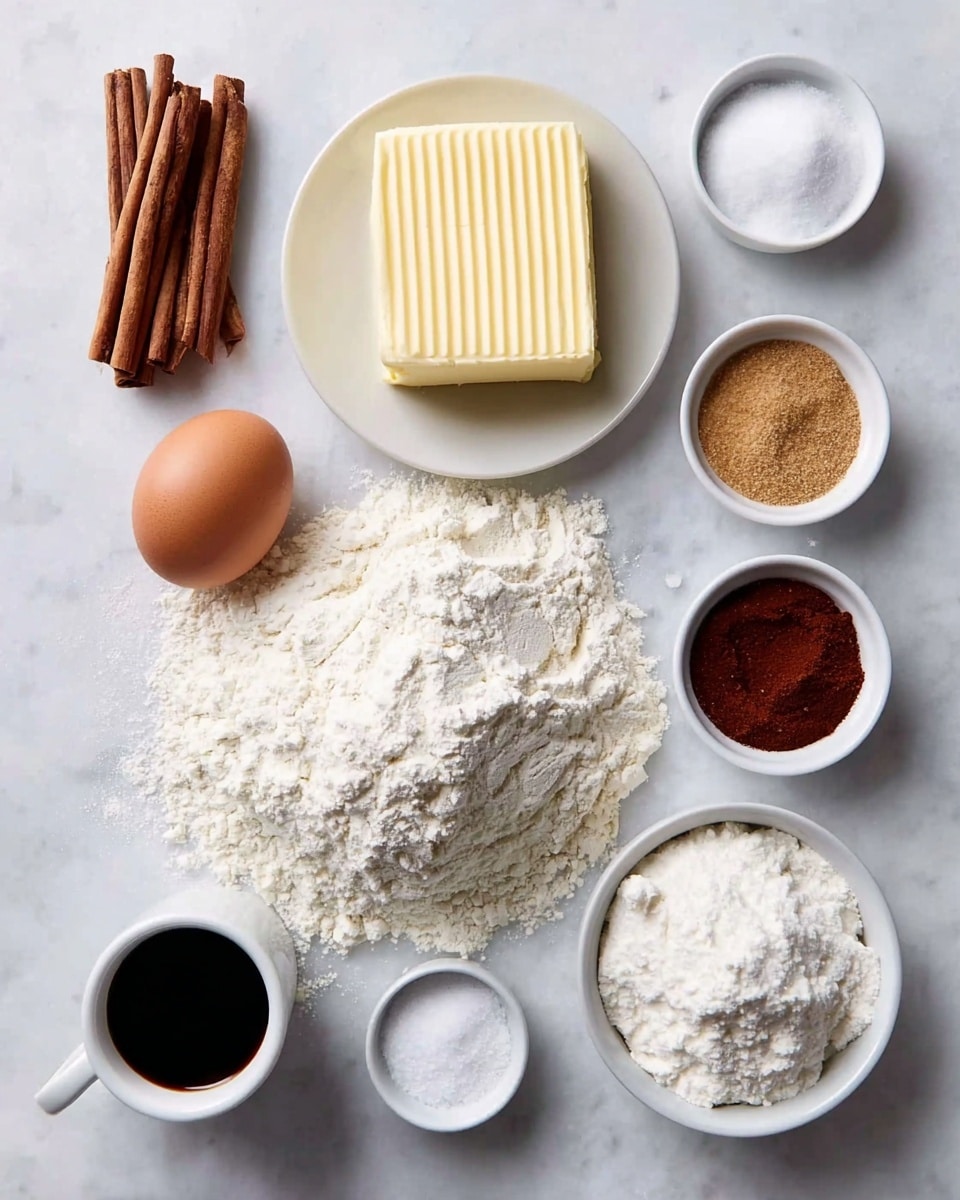 The image shows a flat lay of baking ingredients on a white marbled surface. In the center, there is a large pile of white flour with rough texture. Above it, slightly left, is a square slab of butter with ridged lines on top, placed on a white plate. To the right of the butter, there is a single brown egg. Surrounding these items are small white bowls containing different ingredients: light brown sugar to the right of the egg, white granulated sugar above cinnamon sticks to the left of the flour, dark reddish-brown powder below the white sugar, white powdered substance to the bottom right of the flour, and a small white cup filled with dark liquid at the bottom left corner. The cinnamon sticks are bundled together and placed just above the bottom left sugar bowl. The scene is neat and well arranged. photo taken with an iphone --ar 4:5 --v 7