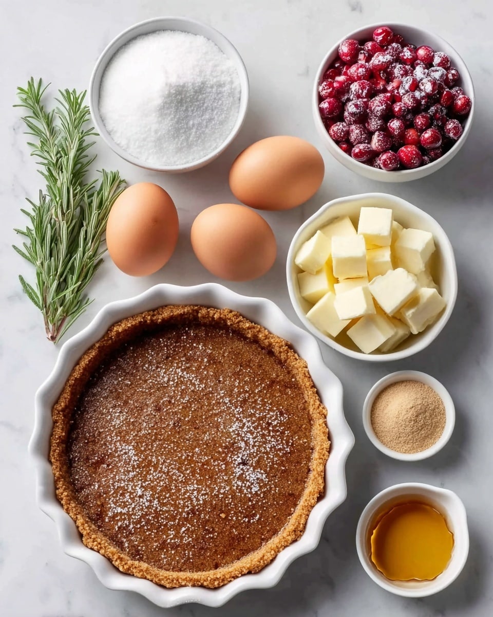 The image shows several baking ingredients neatly arranged on a white marbled surface. In the center is a white scalloped-edged pie dish filled with a crumbly, brown crust sprinkled lightly with sugar. Around it are three whole brown eggs, a white bowl of white granulated sugar, a white bowl with cubes of pale yellow butter, a small white bowl filled with bright red pomegranate seeds dusted with sugar, and a couple of sprigs of fresh green rosemary sitting near the edges. There are also three small white bowls containing light brown cinnamon powder, beige yeast, and white salt, plus a small white cup with golden honey. Photo taken with an iphone --ar 4:5 --v 7