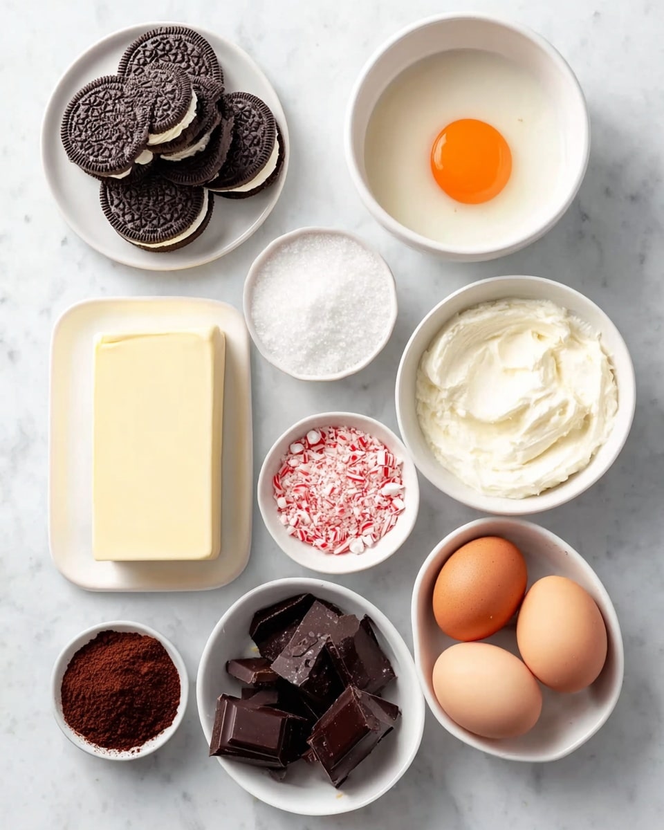 The image shows an overhead view of various baking ingredients neatly arranged on a white marbled surface. In the top left corner, there is a small white plate holding four sandwich cookies with dark chocolate outer layers and white filling. To the right, a white bowl contains a raw egg with a bright orange yolk sitting in translucent egg white. Below, a thick rectangular slab of light yellow butter is placed near a white bowl filled with crushed red and white peppermint pieces. Next to the peppermint, a smaller white bowl holds white granulated sugar. Below the sugar, another white bowl is filled with creamy white cream cheese or similar soft dairy. In the bottom left corner, a white bowl shows dark brown cocoa powder. Towards the center bottom, there is a bowl with irregular pieces of dark chocolate. Finally, four whole brown eggs with smooth shells are placed neatly in the bottom right corner. The setting is clean and orderly, with all items spaced clearly apart. photo taken with an iphone --ar 4:5 --v 7