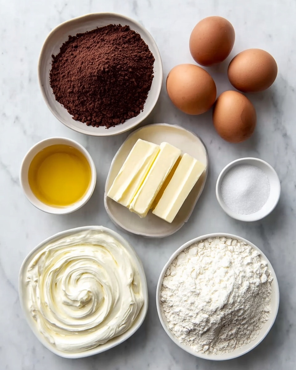 The image shows seven ingredients neatly arranged on a white marbled surface. There are four brown eggs in the top right corner with smooth shells. To the left of the eggs, there's a round white bowl filled with dark brown cocoa powder, fine and fluffy in texture. Below the cocoa powder, a small white bowl holds golden yellow melted butter with a shiny surface. At the center, a round white plate contains three rectangular sticks of pale yellow butter on it. In the bottom right corner, an oval white bowl is filled with white powdery flour, looking soft and loose. To the left of the flour, there is a round white bowl with thick white cream, swirled on top with a smooth and creamy texture. Finally, to the right of the butter sticks, a small round white bowl holds white granulated sugar. All the items are evenly spaced photo taken with an iphone --ar 4:5 --v 7