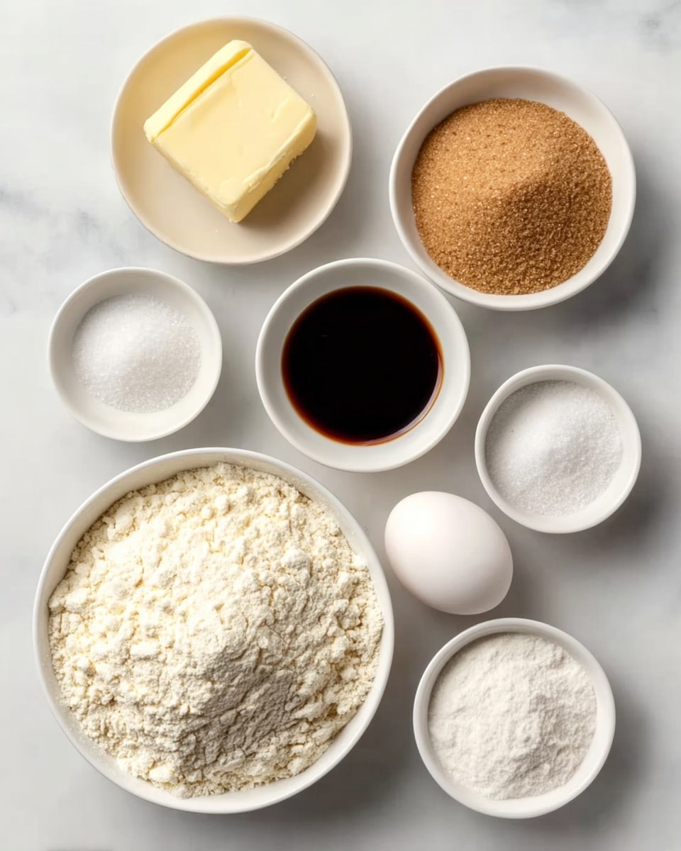 The image shows seven white bowls and one egg, all placed on a white marbled surface. The largest bowl at the bottom holds a heap of fine white flour with a slightly crumbly texture. Above it to the left is a small block of pale yellow butter in a white bowl. To the right of the butter is a white bowl filled with light brown sugar that has a grainy texture. Next to the brown sugar is a white bowl of dark liquid, likely vanilla extract, with a smooth glossy surface. Below the brown sugar are two small white bowls, one with coarse white granulated sugar and the other with fine white grains, possibly salt or baking powder. To the left of these small bowls is a single whole white egg with a smooth shell. All items are neatly arranged and clearly visible. photo taken with an iphone --ar 4:5 --v 7