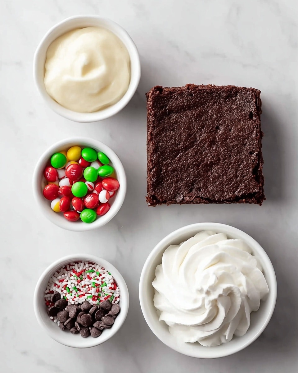 The image shows a single square piece of dark brown brownie with a slightly rough texture, placed on a white marbled surface. Around the brownie, there are five small white bowls: one bowl at the top left contains smooth light cream frosting; the top right bowl is filled with small round sprinkles in red, white, and green; the middle left bowl holds round colorful candies in red, green, and yellow; the bottom left bowl contains small dark chocolate chips; and the bottom right bowl has a swirl of white whipped cream. The arrangement is neat and simple, with each bowl placed evenly around the brownie. photo taken with an iphone --ar 4:5 --v 7
