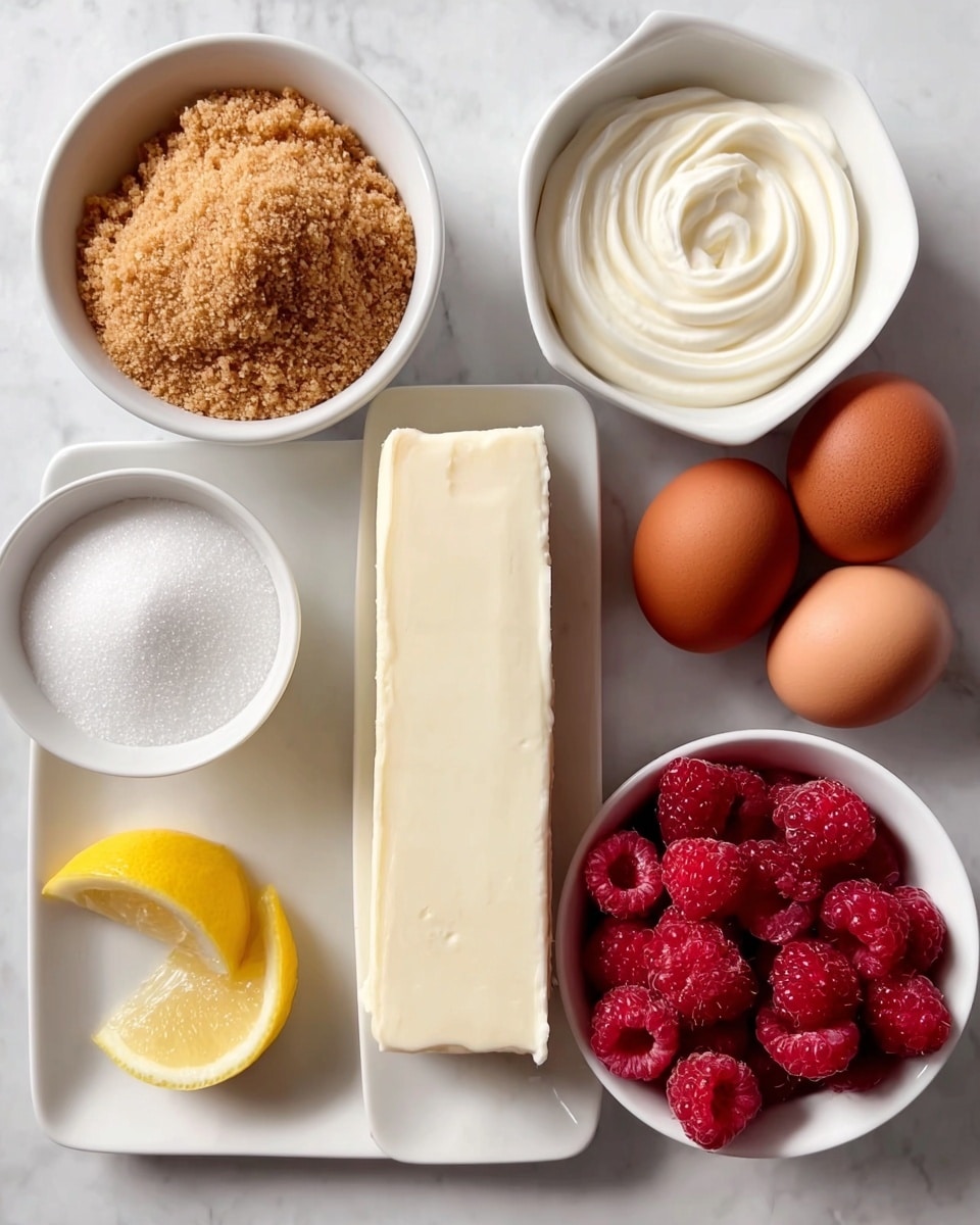 The image shows six white dishes arranged on a white marbled surface. On the top left, there is a white bowl filled with light brown, crumbly sugar. To its right, another white bowl has smooth white cream swirled inside. Below the bowls, three brown eggs are placed close together on the right side. On the bottom left, a small white bowl holds white granulated sugar. Next to it, a white rectangular plate has a thick block of soft, creamy white cheese. On the bottom right, a white bowl is filled with bright red raspberries, showing their bumpy texture clearly. Two lemon wedges with bright yellow skin and pale yellow flesh sit near the cheese plate. The photo taken with an iphone --ar 4:5 --v 7