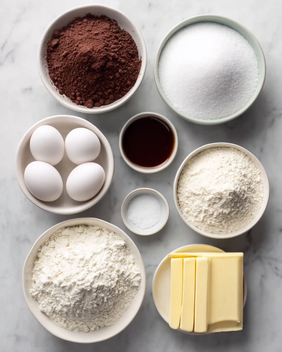 The image shows seven white bowls on a white marbled surface, each filled with different baking ingredients arranged neatly. At the top left, a bowl contains dark brown cocoa powder with a slightly crumbly texture. To its right, a bowl overflowed with fine, white granulated sugar. In the center, a small bowl holds a dark brown liquid vanilla extract. Below the cocoa powder, a large bowl holds white flour with a slightly grainy texture. To the right, another bowl contains a lighter white powder, likely baking powder, with a smooth surface. Centrally at the bottom, there is a tiny bowl with white salt. To the left of the salt, a bowl holds five smooth white eggs. To the right, a bowl contains two rectangular slabs of pale yellow butter with visible edges. All bowls are placed with some space between on the white marbled surface. Photo taken with an iphone --ar 4:5 --v 7