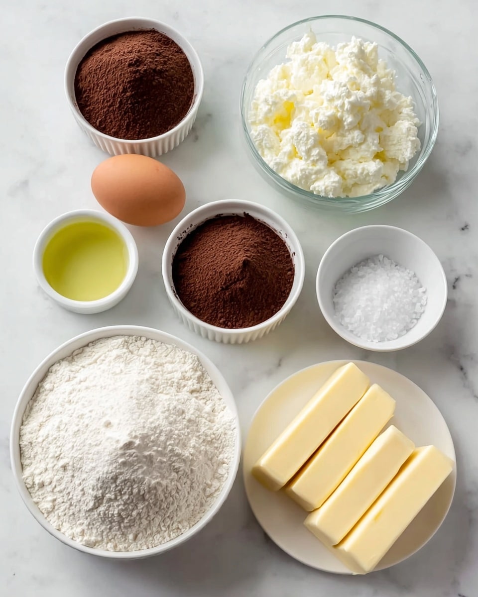 The image shows several baking ingredients arranged neatly on a white marbled surface. At the center bottom is a white bowl filled with a heap of white flour. To its left, a single brown egg rests on the surface. Above the egg, a small white ramekin holds dark brown cocoa powder, and next to it, a glass bowl contains fluffy white cottage cheese. To the right of the cocoa powder, a small white ramekin holds a pale yellow liquid, likely oil. Next to that, another white ramekin is filled with coarse white salt. At the top right, a white plate holds four smooth, rectangular sticks of pale yellow butter. The ingredients are evenly spaced and well-lit, with natural colors highlighted. The photo taken with an iphone --ar 4:5 --v 7