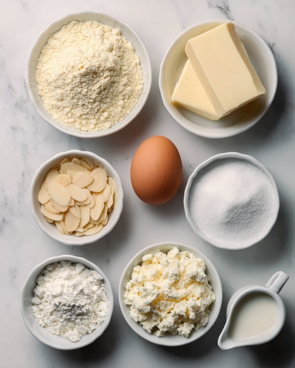 The image shows seven small white bowls and a single brown egg arranged on a white marbled surface. Starting from the top left, there is a bowl filled with a pale yellow powdery flour, next to it on the right is a small bowl with a solid block of pale yellow butter. Below these, on the right side, is a bowl containing white powdered sugar, to the left of it is a bowl with granulated white sugar. In the middle of the arrangement sits a single brown egg. On the lower right, a bowl holds thin, pale beige sliced almonds, and to the left of it is a bowl of white crumbly cheese. Finally, on the bottom right corner, a small white jug contains a small amount of white milk. The objects are neatly placed with clear details and natural lighting giving a fresh, clean look. Photo taken with an iphone --ar 4:5 --v 7