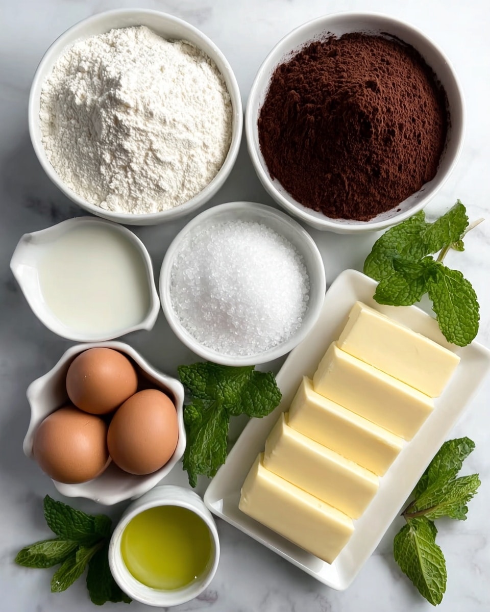 A white bowl filled with white flour powder is placed at the top left. Below it, there is a white bowl filled with dark brown cocoa powder. To the top right of the flour, a smaller white bowl contains a white liquid, possibly milk or cream. Next to it, there is a small white bowl filled with white granulated sugar. At the center right, a white rectangular plate holds six slices of pale yellow butter arranged neatly in two rows. Below the butter, a small white ceramic container holds four brown eggs. At the bottom left, a tiny white bowl contains a green liquid, likely cooking oil. Fresh green mint leaves are placed around the bowls. The whole arrangement is on a white marbled surface. photo taken with an iphone --ar 4:5 --v 7